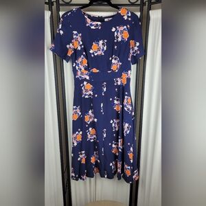 Boden Floral S/S Fit‎ and Flare Dress, Size 6P, Blue with Orange/Pink Flowers